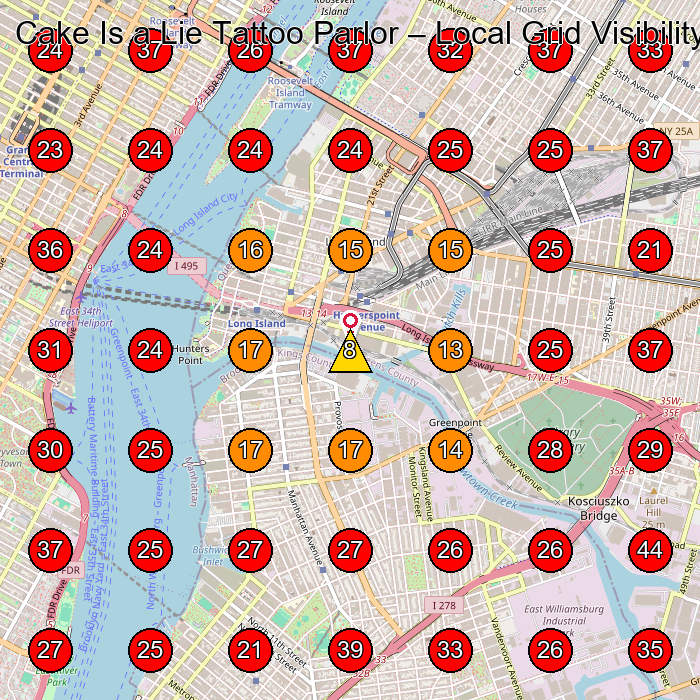 Cake Is a Lie Tattoo Parlor GeoGrid visibility map for Tattoo Shop in New York